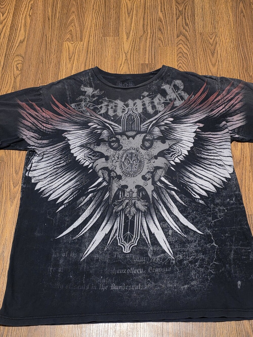 XZAVIER Mens XXL Black Winged Cross Graphic T Shirt Y2K Biker Tattoo Streetwear - Picture 3 of 8